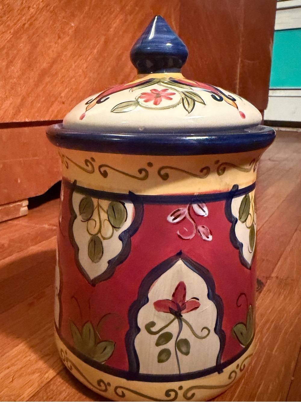 Pier 1 Hand-Painted Ceramic Retired Mediterranean Lidded Kitchen Vintage Jar